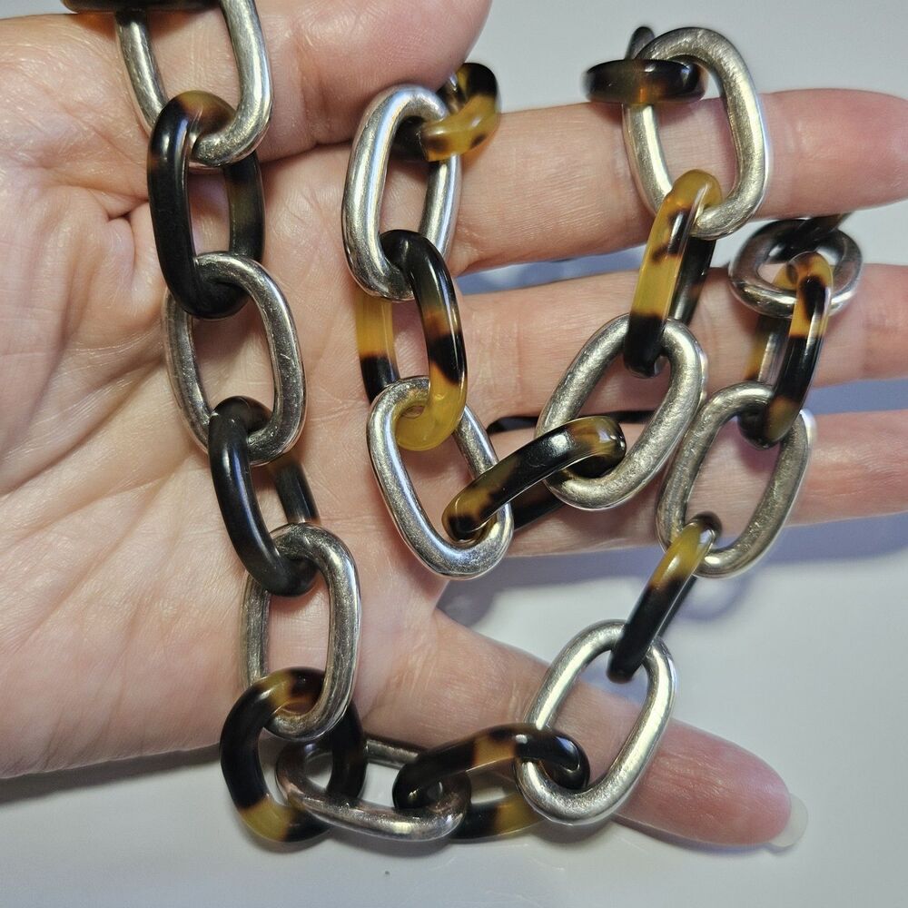 Ralph Lauren Necklace Bracelet Tortoise Lucite Silv Tone Chain Links 16'' 7"